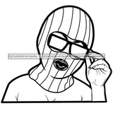 Afro Woman Wearing Striped Ski Mask Winter Protection Glasses Face Mask B/W SVG Cutting Files For Silhouette Cricut