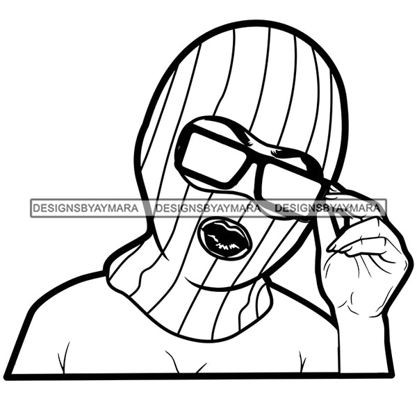 Afro Woman Wearing Striped Ski Mask Winter Protection Glasses Face Mask B/W SVG Cutting Files For Silhouette Cricut