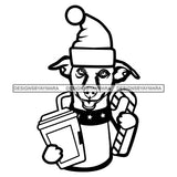 Cute Dog Holding Drink Wearing Santa Hat Gifts Surprise Merry Christmas Happy Holyday Santa Outfit Santa Hat SVG PNG JPG Cut Files For Silhouette Cricut and More!