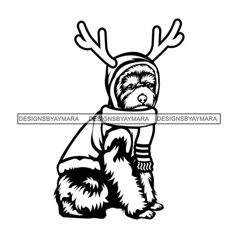 Cute Dog Wearing Christmas Clothes Deer's Horns Merry Christmas Happy Holyday Santa Outfit Santa Hat SVG PNG JPG Cut Files For Silhouette Cricut and More!