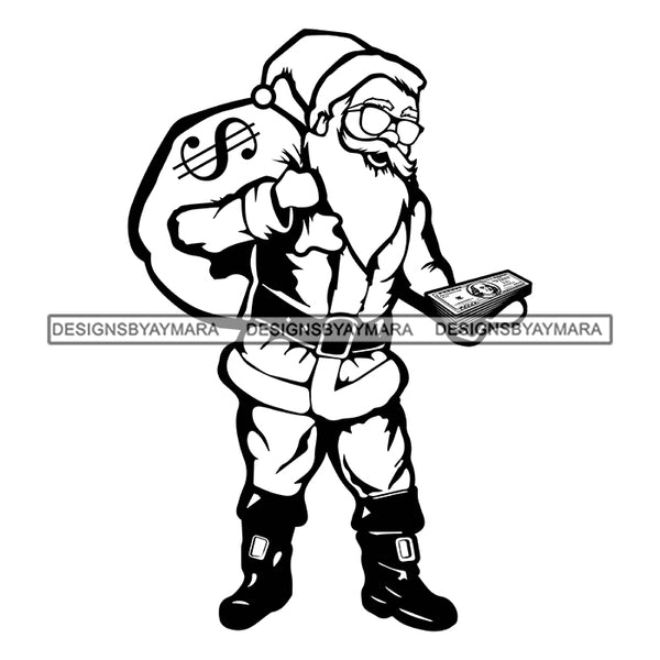 Gangster Santa Claus Gangsta Gold Chain Money Bag Cash Gifts Surprise Merry Christmas Happy Holyday Santa Outfit Santa Hat SVG PNG JPG Cut Files For Silhouette Cricut and More!