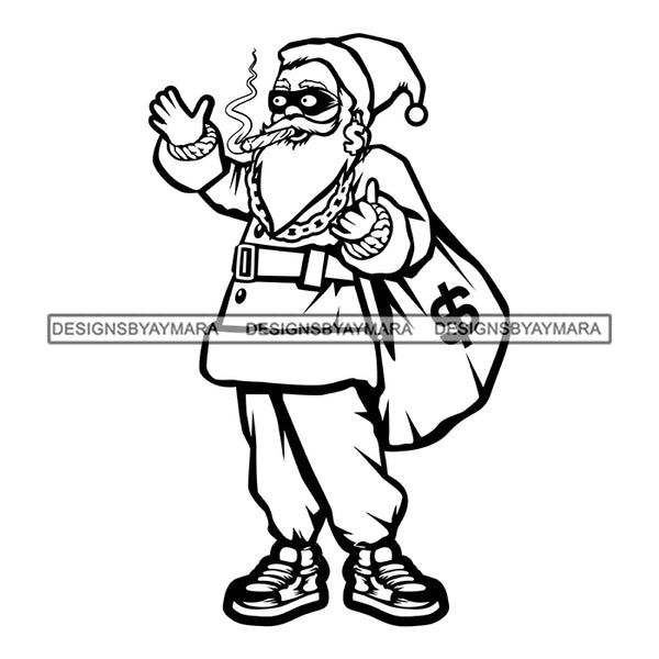 Gangster Santa Smoking Cigar Money Bag Gansta Santa Wearing Sneakers Merry Christmas Happy Holyday Santa Outfit Santa Hat SVG PNG JPG Cut Files For Silhouette Cricut and More!