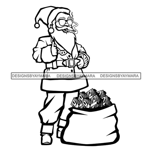 Gangster Santa Smoking Cigar Bag With Stacks Dollar Money Gansta Santa Merry Christmas Happy Holyday Santa Outfit Santa Hat SVG PNG JPG Cut Files For Silhouette Cricut and More!