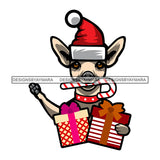 Chihuahua Dog Wearing Santa Hat Holding Christmas Box Gifts Surprise Merry Christmas Happy Holyday Santa Outfit Santa Hat SVG PNG JPG Cut Files For Silhouette Cricut and More!