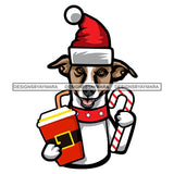 Cute Dog Holding Drink Wearing Santa Hat Gifts Surprise Merry Christmas Happy Holyday Santa Outfit Santa Hat SVG PNG JPG Cut Files For Silhouette Cricut and More!