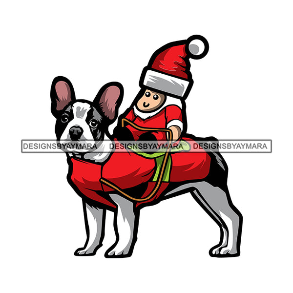 Cute Dog Boston Terrier Wearing Christmas Clothes Merry Christmas Happy Holyday Santa Outfit Santa Hat SVG PNG JPG Cut Files For Silhouette Cricut and More!