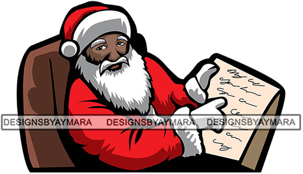 Black Santa Claus Reading Surprise Letters Gifts Merry Christmas Happy Holyday Santa Outfit Santa Hat SVG PNG JPG Cut Files For Silhouette Cricut and More!