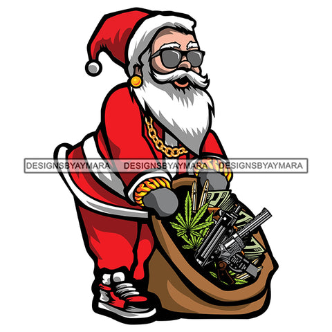 Gangster Santa Claus Gangsta Gold Chain Money Bag Guns Weed Cash Gifts Surprise Merry Christmas Happy Holyday Santa Outfit Santa Hat SVG PNG JPG Cut Files For Silhouette Cricut and More!