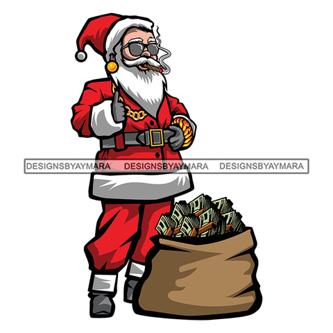 Gangster Santa Claus Smoking Blunt  Gangsta Gold Chain Money Bag Cash Gifts Surprise Merry Christmas Happy Holyday Santa Outfit Santa Hat SVG PNG JPG Cut Files For Silhouette Cricut and More!