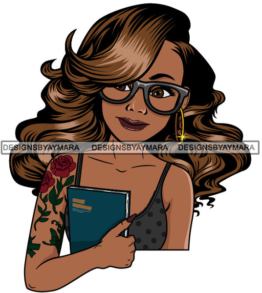 Lola With Holding Journal Wearing Glasses  Rose Tatoo SVG JPG PNG Vector Clipart Cricut Silhouette Cut Cutting