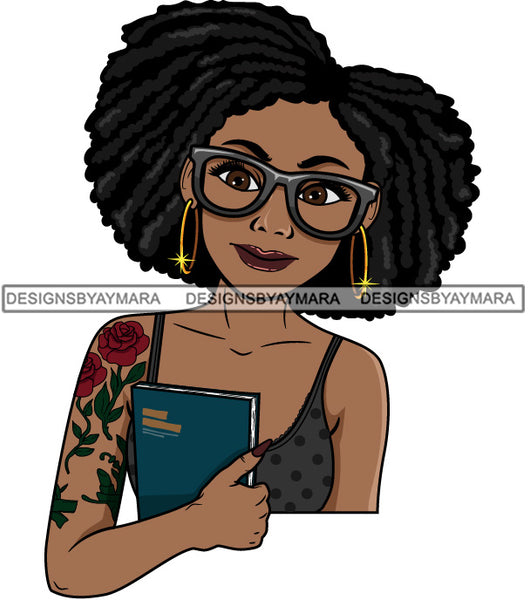 Lola With Locs Holding Journal Wearing Glasses SVG JPG PNG Vector Clipart Cricut Silhouette Cut Cutting