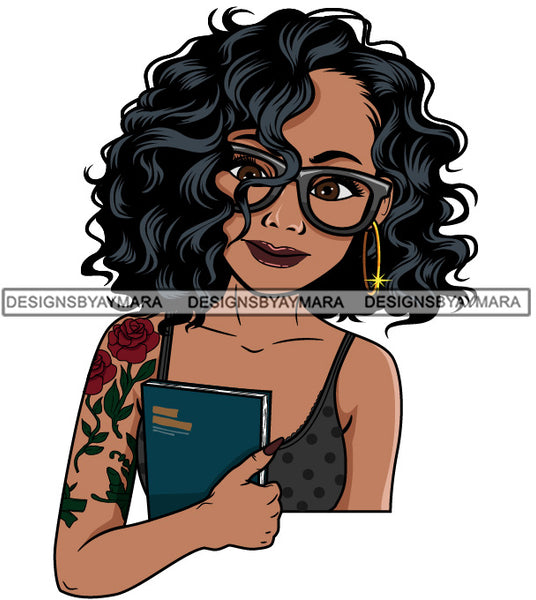 Lola With Holding Journal Wearing Glasses Rose Tatoo SVG JPG PNG Vector Clipart Cricut Silhouette Cut Cutting