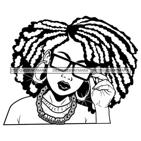 Afro Attractive Cute Urban Girl Savage Gold Chain Sunglasses Bamboo Hoop Earrings Afro Hairstyle B/W SVG Cutting Files For Silhouette Cricut