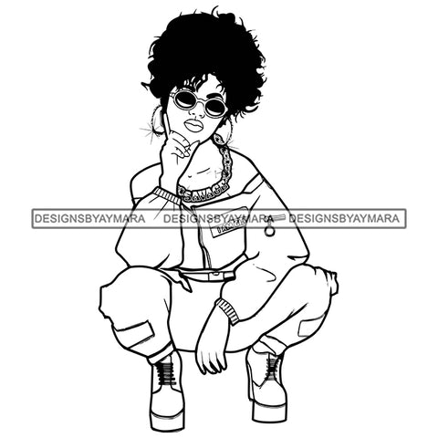 Afro Goddess Squatting Position Black Woman Nubian Queen B/W SVG Cutting Files For Silhouette Cricut and More