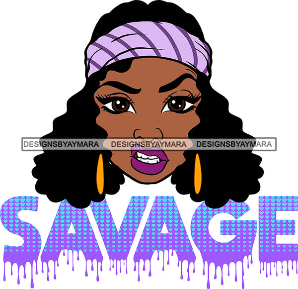 Afro Woman Savage Bamboo Hoop Earrings Attitude Facial Expression Bandana Nubian Melanin Curly Hair Style SVG Cutting Files For Silhouette Cricut More