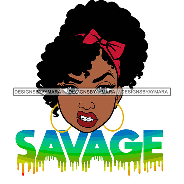 Afro Woman Savage Bamboo Hoop Earrings Attitude Facial Expression Bow Nubian Melanin Up Do Hair Style SVG Cutting Files For Silhouette Cricut More