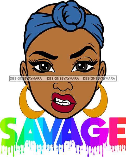 Afro Woman Savage Bamboo Hoop Earrings Attitude Facial Expression Turban Nubian Melanin Bald Hair Style SVG Cutting Files For Silhouette Cricut More