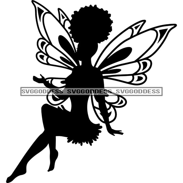 Fairy With Afro In BW Sitting SVG JPG PNG Vector Clipart Cricut Silhouette Cut Cutting