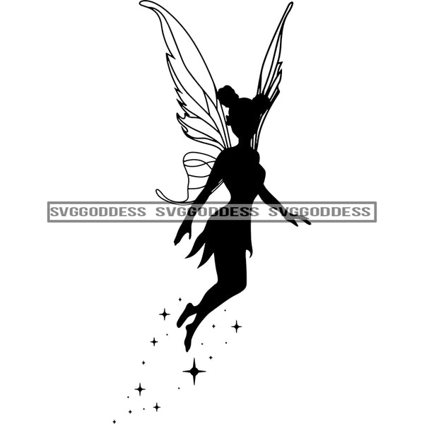 Fairy With Afro In BW In Flight Twinkles SVG JPG PNG Vector Clipart Cricut Silhouette Cut Cutting