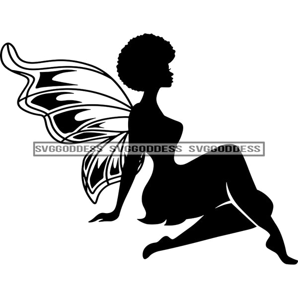 Fairy With Big Afro In BW Sitting SVG JPG PNG Vector Clipart Cricut Silhouette Cut Cutting