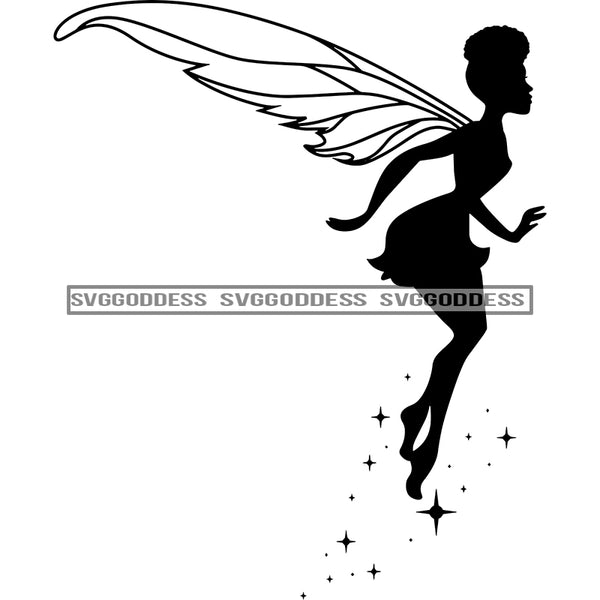 Fairy In BW Flying With Stars SVG JPG PNG Vector Clipart Cricut Silhouette Cut Cutting