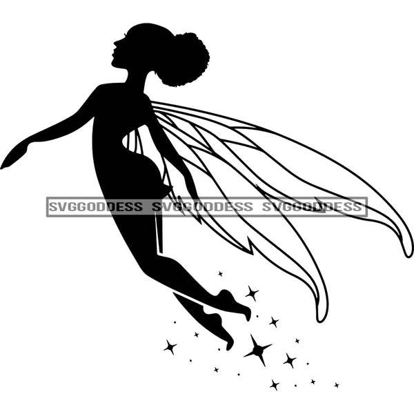 Fairy In BW Flying With Stars SVG JPG PNG Vector Clipart Cricut Silhouette Cut Cutting