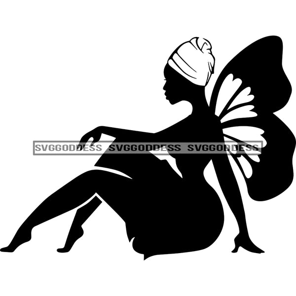 Fairy In BW Sitting With Headwrap  SVG JPG PNG Vector Clipart Cricut Silhouette Cut Cutting