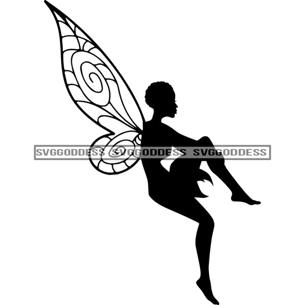 Fairy With Afro In BW In Flight  SVG JPG PNG Vector Clipart Cricut Silhouette Cut Cutting