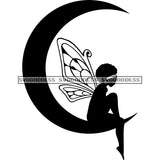 Fairy With Afro In BW Sitting On Crescent Moon  SVG JPG PNG Vector Clipart Cricut Silhouette Cut Cutting