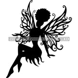 Fairy With Afro In BW Sitting With Pretty Wings  SVG JPG PNG Vector Clipart Cricut Silhouette Cut Cutting