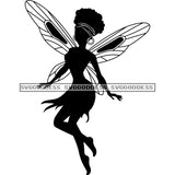 Fairy With Afro In BW Flying With Pretty Wings  SVG JPG PNG Vector Clipart Cricut Silhouette Cut Cutting