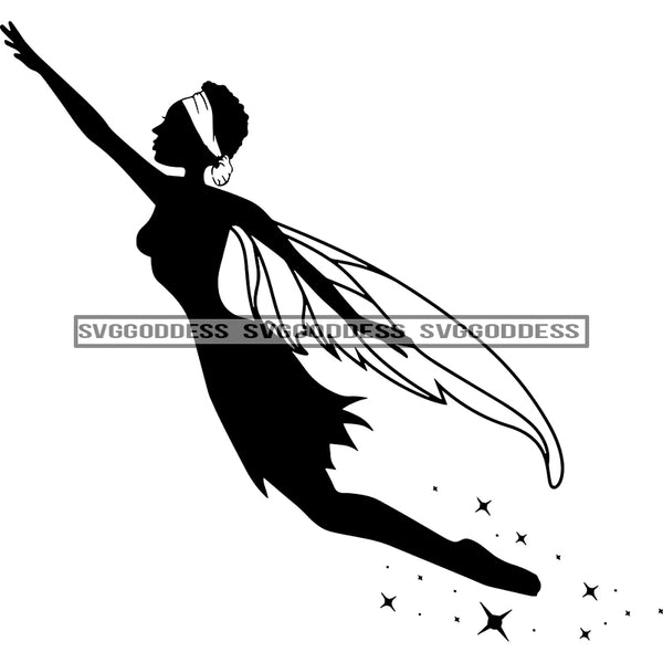 Fairy With Afro In BW Flying   SVG JPG PNG Vector Clipart Cricut Silhouette Cut Cutting