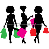 Silhouette 3 Black Women Shopping With Shopping Bags SVG JPG PNG Vector Clipart Cricut Silhouette Cut Cutting