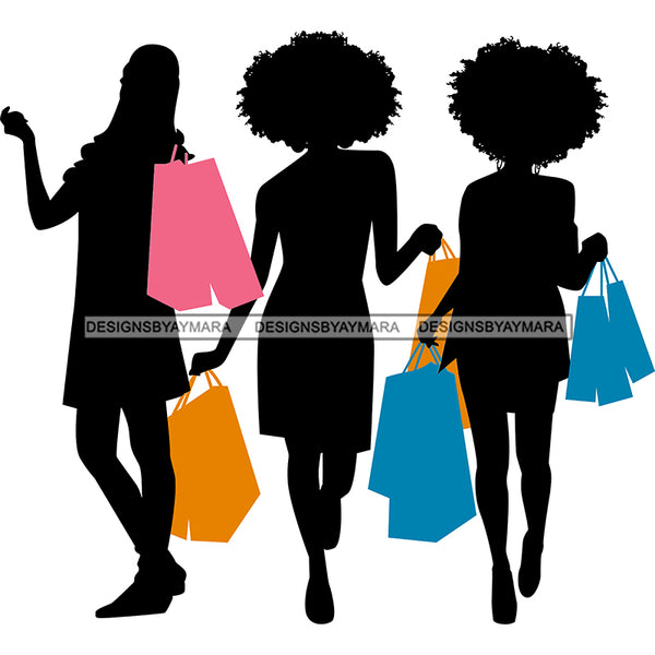 Silhouette 3 Black Women With Afros Shopping With Shopping Bags SVG JPG PNG Vector Clipart Cricut Silhouette Cut Cutting