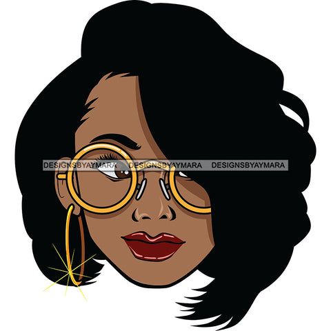 Black Haired Black Woman's Head Gold Round Glasses Gold Loop Earring  SVG JPG PNG Vector Clipart Cricut Silhouette Cut Cutting