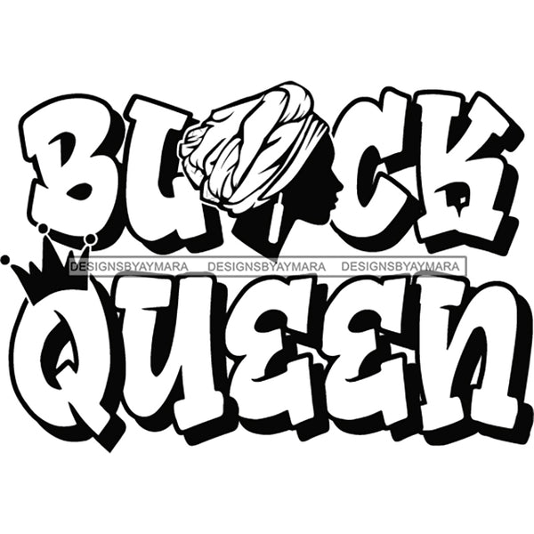 Black Queen Phrase With Black Silhouette Woman In Purple Headwrap In Black And White SVG JPG PNG Vector Clipart Cricut Silhouette Cut Cutting