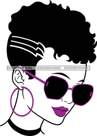 Afro Girl Black Woman Matching Lipstick Hoop Earrings Sunglasses Fade Short Hair Style SVG Cutting Files For Silhouette Cricut More