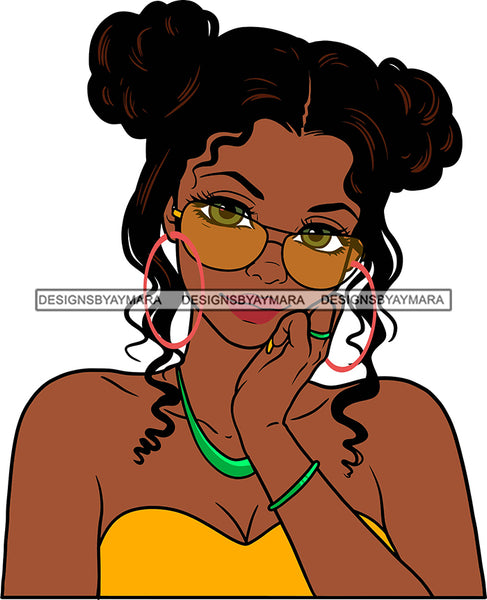 Afro Girl Babe Sexy Black Woman Glasses Bamboo Hoop Earrings Sexy Lips Pigtails Hair Style SVG Cutting Files For Silhouette Cricut More