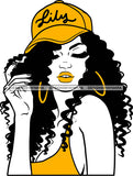 Afro Girl Babe Sexy Black Woman Bamboo Hoop Earrings Matching Lips Cap Outfit Long Curly Hair Style SVG Cutting Files For Silhouette Cricut More