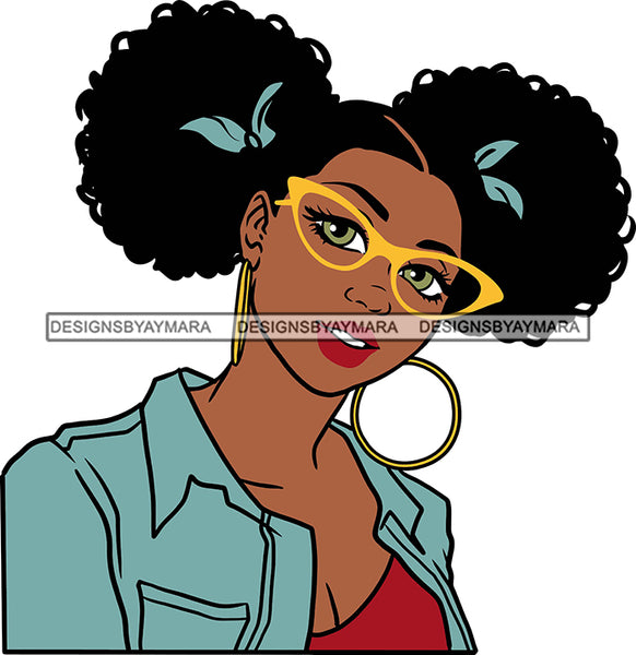 Afro Girl Babe Sexy Black Woman Glasses Bamboo Hoop Earrings Sexy Lips Pigtails Hair Style SVG Cutting Files For Silhouette Cricut More