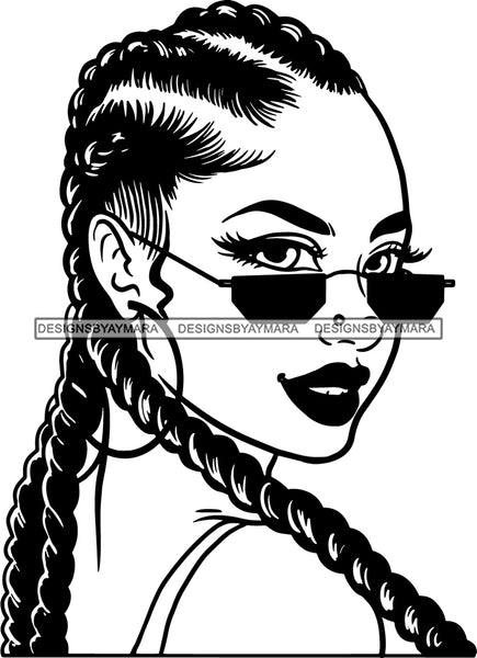 Afro Girl Babe Sexy Hoop Earrings Sunglasses Cornrow Braids Hair Style B/W SVG Cutting Files For Silhouette Cricut