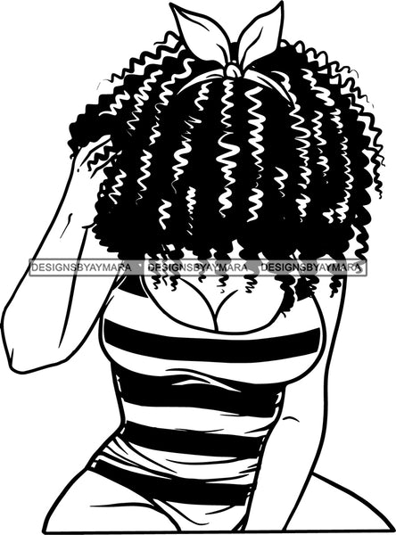 Afro Girl Babe Cleavage Hair Covering Face  Curly Hair Style B/W SVG Cutting Files For Silhouette Cricut