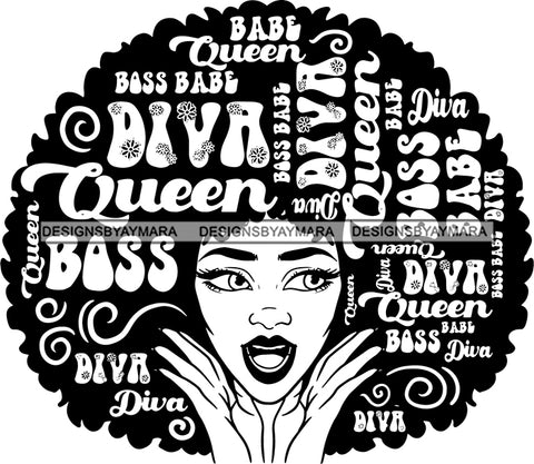 Afro Strong Woman Hair Boss Queen Diva Life Quotes Afro B/W SVG Cutting Files For Silhouette Cricut More