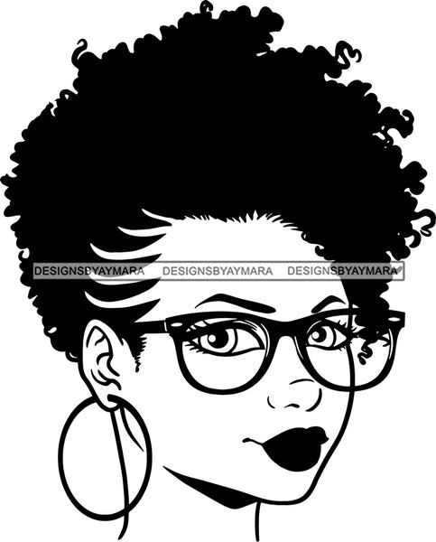 Afro Girl Babe Hoop Earrings Sexy Glasses Lips Under Cut Lines  Puffy Hair Style B/W SVG Cutting Files For Silhouette Cricut
