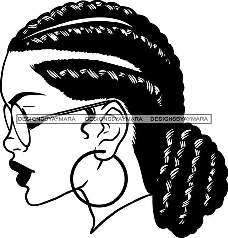 Afro Girl Babe Hoop Earrings Sexy Glasses Lips Cornrow Braided Bun Hair Style B/W SVG Cutting Files For Silhouette Cricut