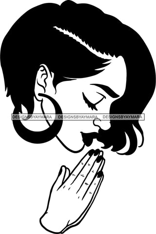 Afro Girl Babe Praying Earrings Lips Short Hair Style B/W SVG Cutting Files For Silhouette Cricut