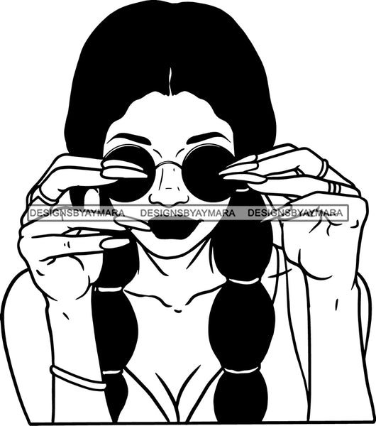 Afro Girl Babe Sexy Sunglasses Nails Long  Side Braids Hair Style B/W SVG Cutting Files For Silhouette Cricut