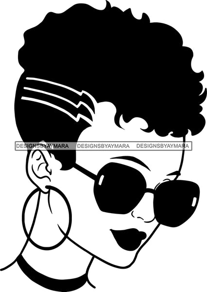 Afro Girl Babe Hoop Earrings Sexy Glasses Lips Under Cut Lines Hair Style B/W SVG Cutting Files For Silhouette Cricut