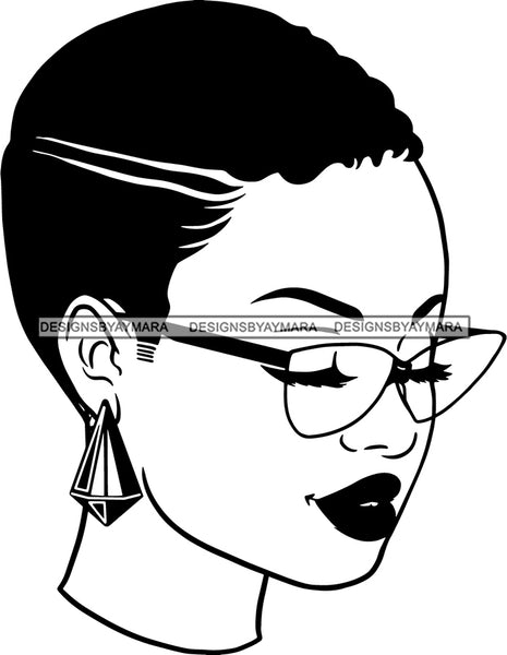 Afro Girl Babe Earrings Sexy Glasses Lips Short Hair Style B/W SVG Cutting Files For Silhouette Cricut