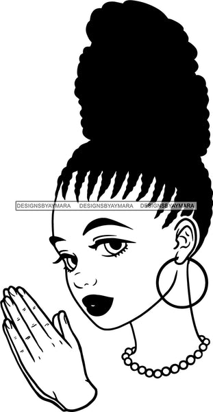 Afro Girl Babe Praying Hoop Earrings Lips Up Do Cornrow Hair Style B/W SVG Cutting Files For Silhouette Cricut